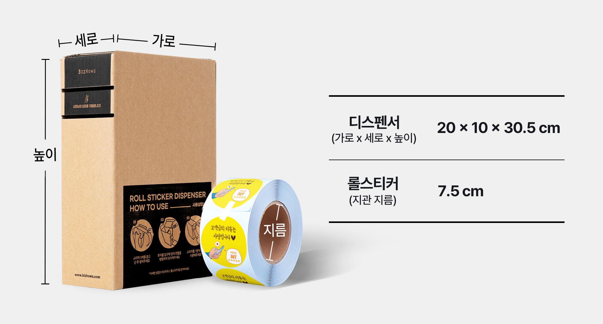 디스펜서와 롤스티커 지관의 사용 가능 규격 안내